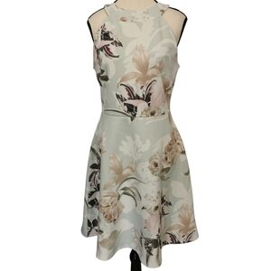 Dex Fit & Flare Sleeveless Keyhole Back Pale Green Floral Dress - Sz M